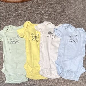 Pack of 4 Pastel Farm Animal Baby One-Piece Bodysuits. Preemie